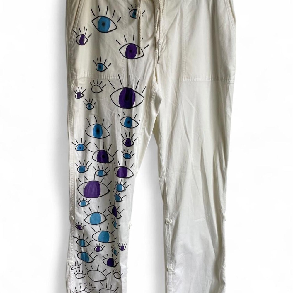 Vintage Faded Glory White Cargo Pants Hand Painted Custom Reworked Evil Eye